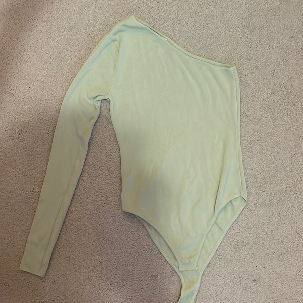 Zara light green one shoulder long sleeve bodysuit